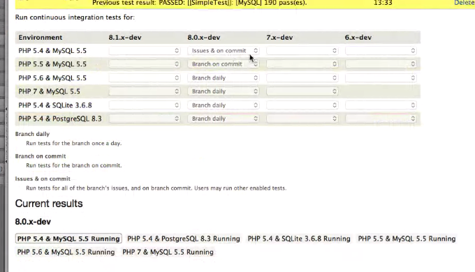 A table of environments such as PHP 5.4 & MySQL 5.5 or PHP 5.4 & SQLite 3.6.8, along with branches.